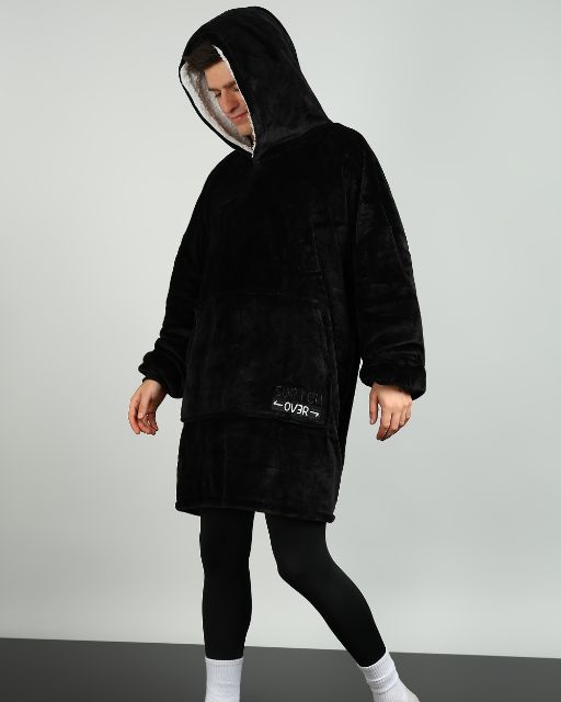 Black Solid Wearable Sherpa Unisex Blanket Hoodie