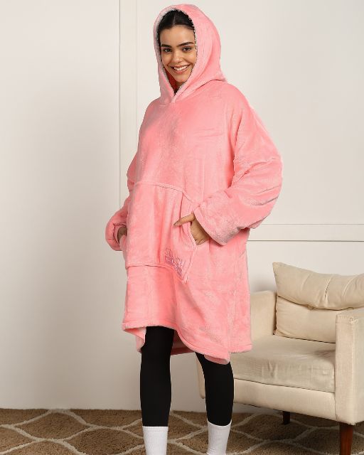 Pink Solid Wearable Sherpa Unisex Blanket Hoodie