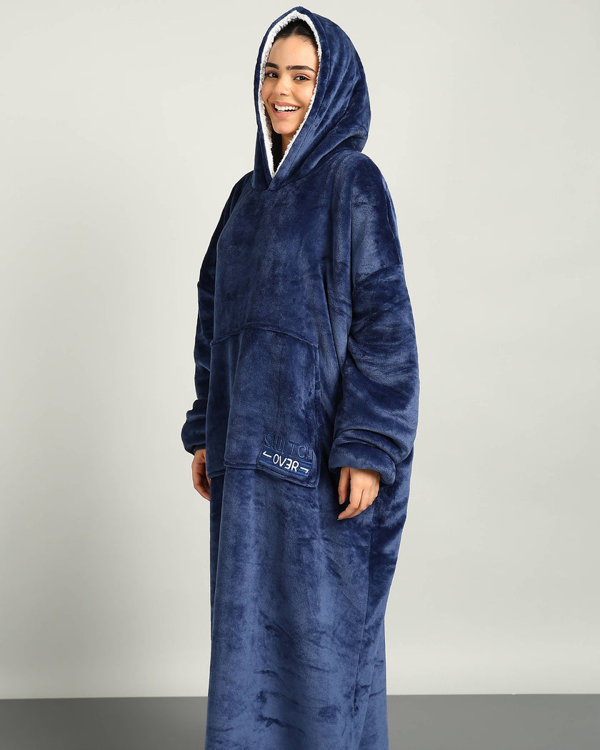 Navy Blue Extra Long Wearable Sherpa Unisex Blanket Hoodie