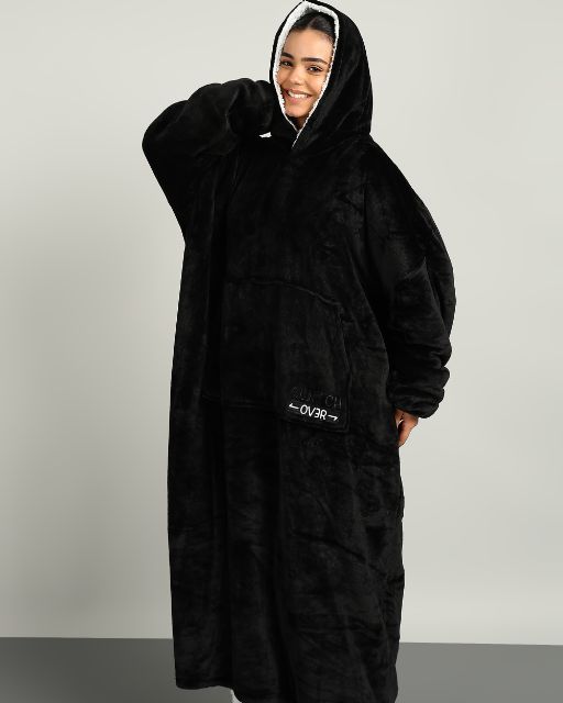 Black Extra Long Wearable Sherpa Unisex Blanket Hoodie