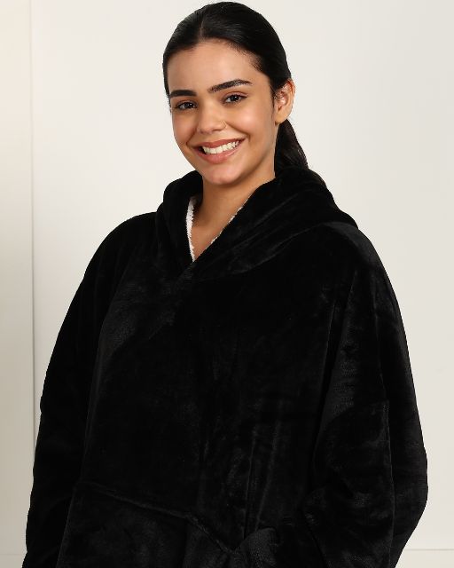 Black Solid Wearable Sherpa Unisex Blanket Hoodie