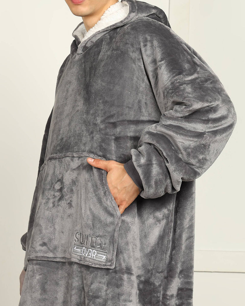 Grey Extra Long Wearable Sherpa Unisex Blanket Hoodie