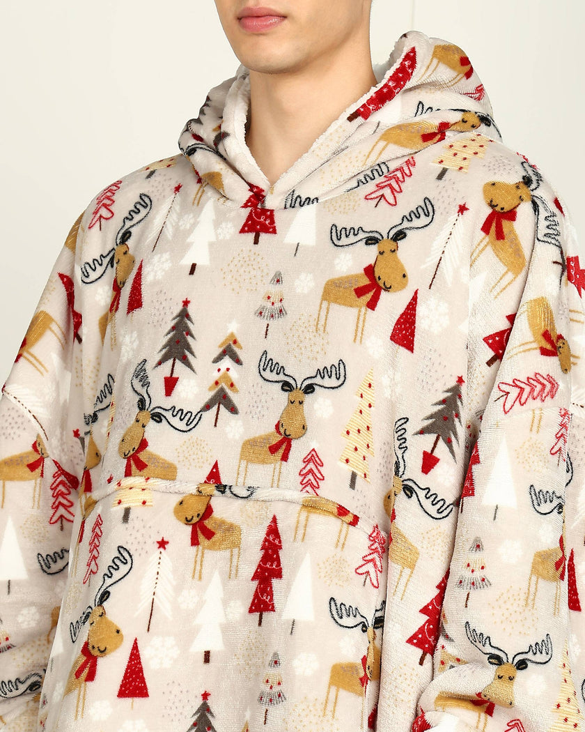 Christmas Reindeer Printed Wearable Sherpa Unisex Blanket Hoodie