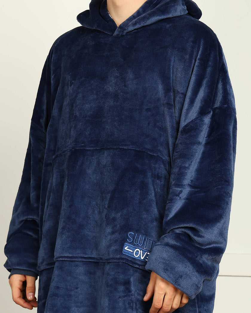 Navy Blue Extra Long Wearable Sherpa Unisex Blanket Hoodie