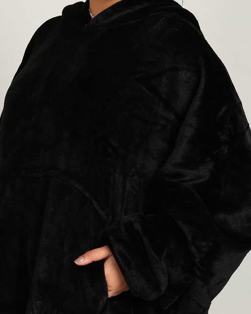 Black Extra Long Wearable Sherpa Unisex Blanket Hoodie