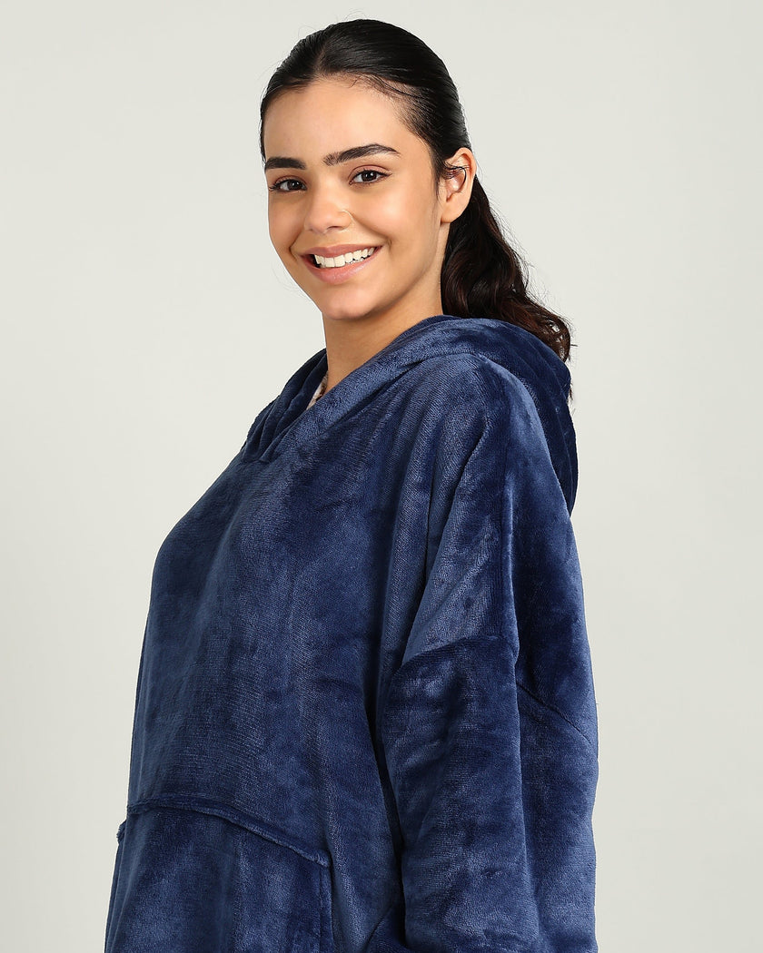 Navy Blue Extra Long Wearable Sherpa Unisex Blanket Hoodie