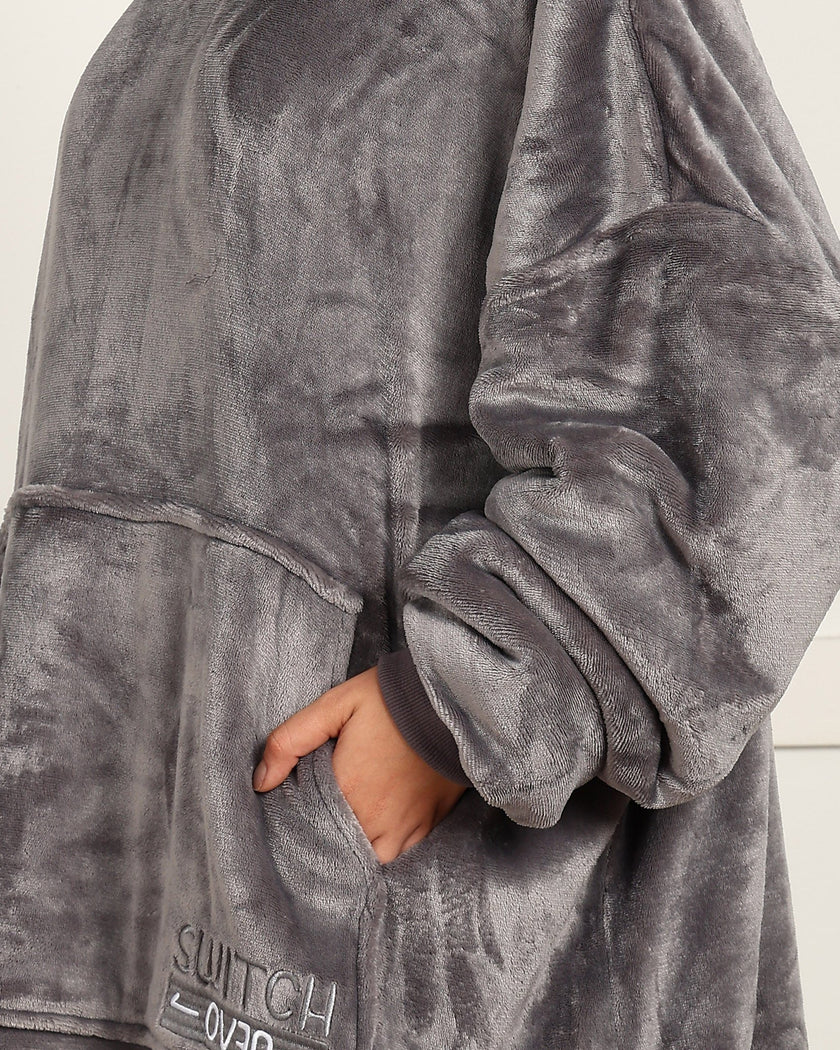 Grey Extra Long Wearable Sherpa Unisex Blanket Hoodie