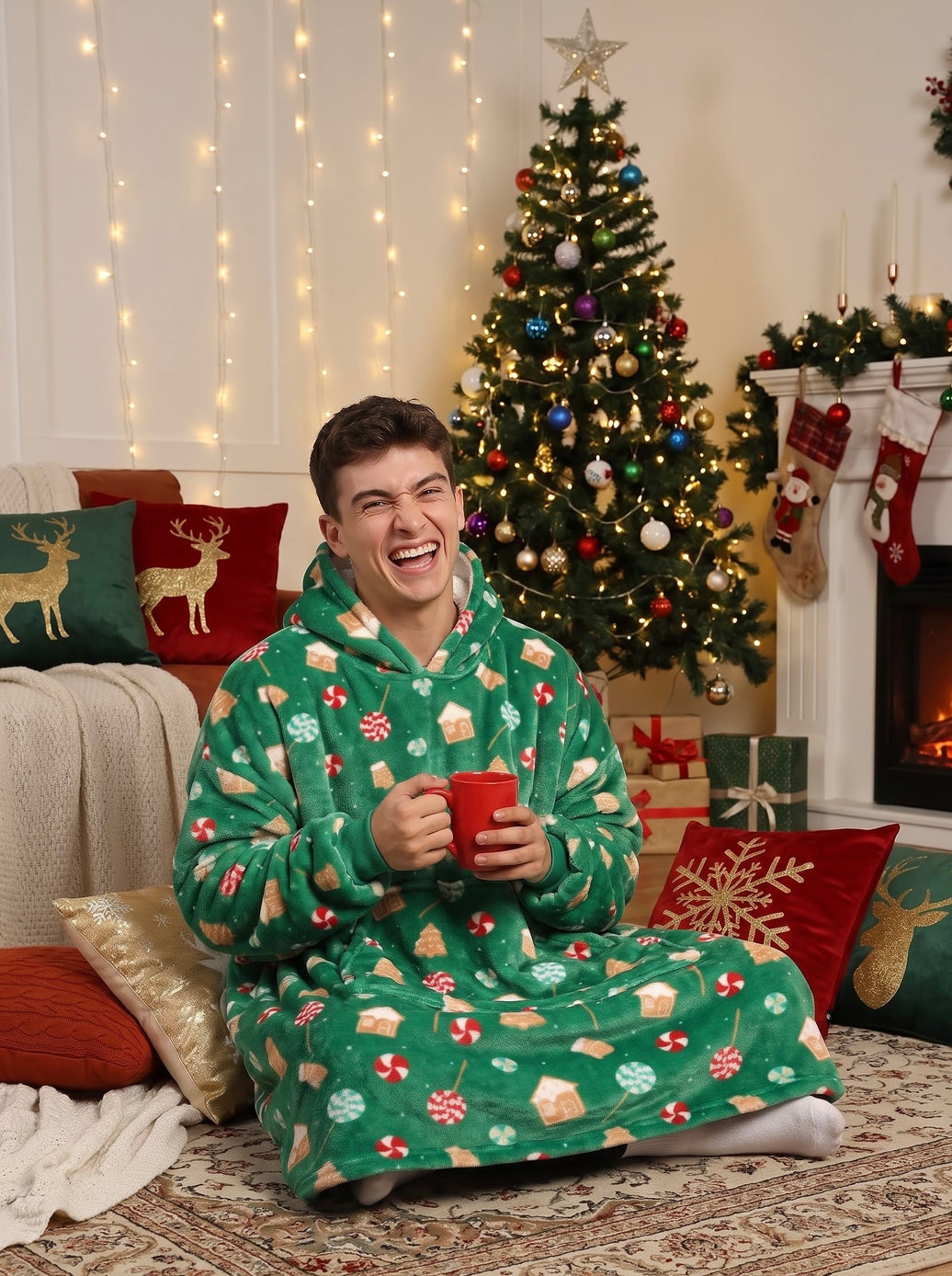 Christmas Theme Green Unisex Wearable Blanket Hoodie