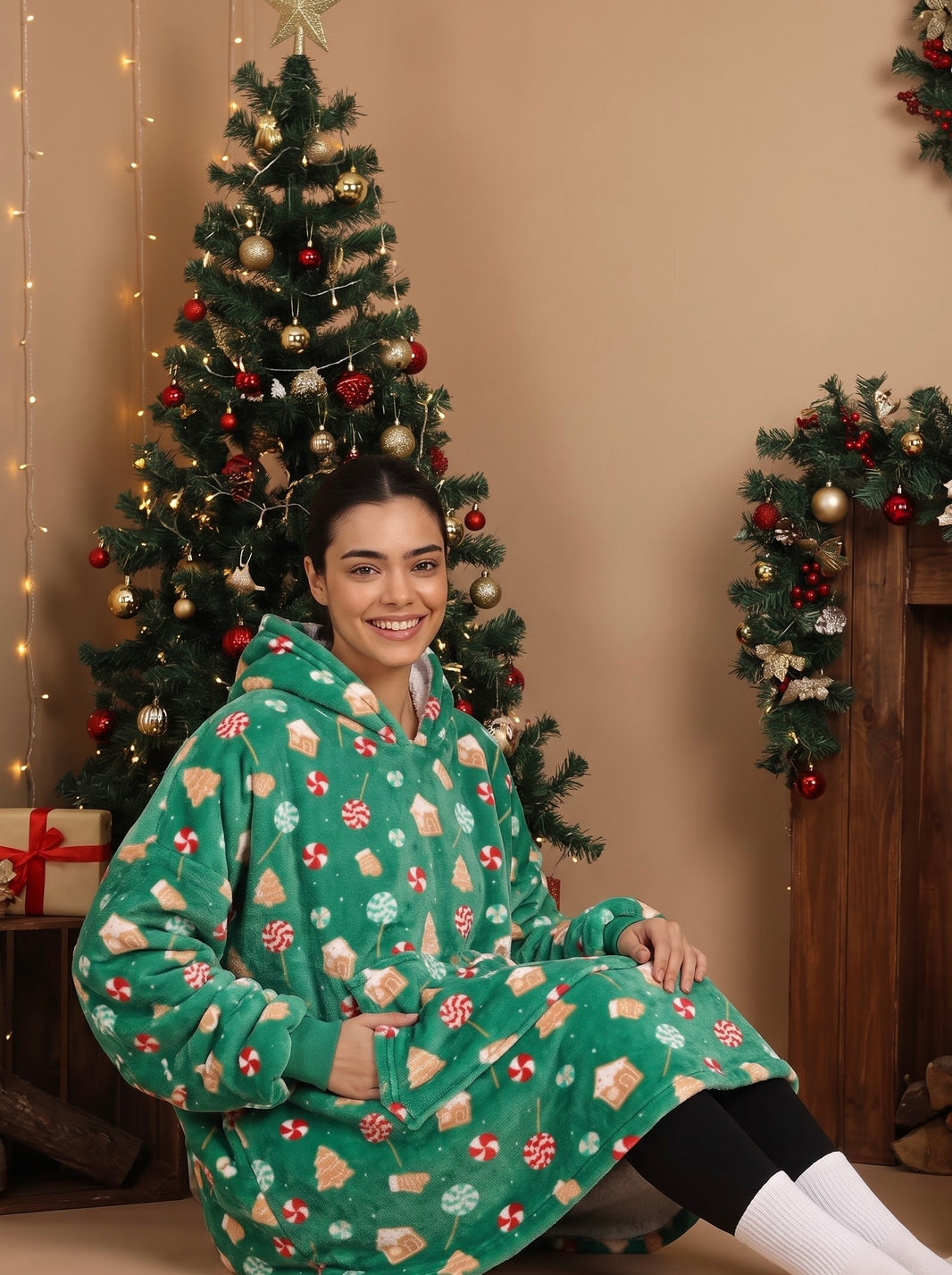 Christmas Theme Green Unisex Wearable Blanket Hoodie
