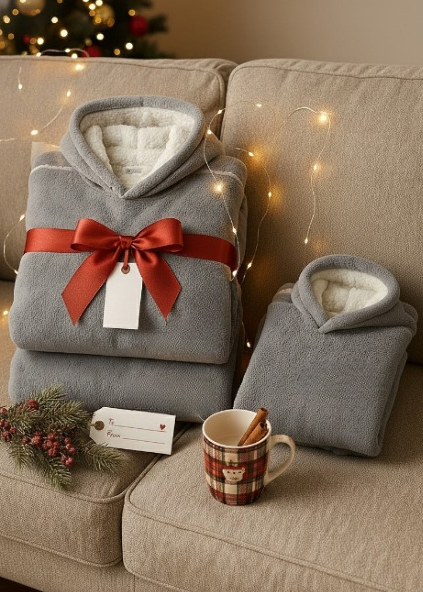 Grey Solid Wearable Sherpa Unisex Blanket Hoodie – Family Pack (2 Adults + 1 Kid)