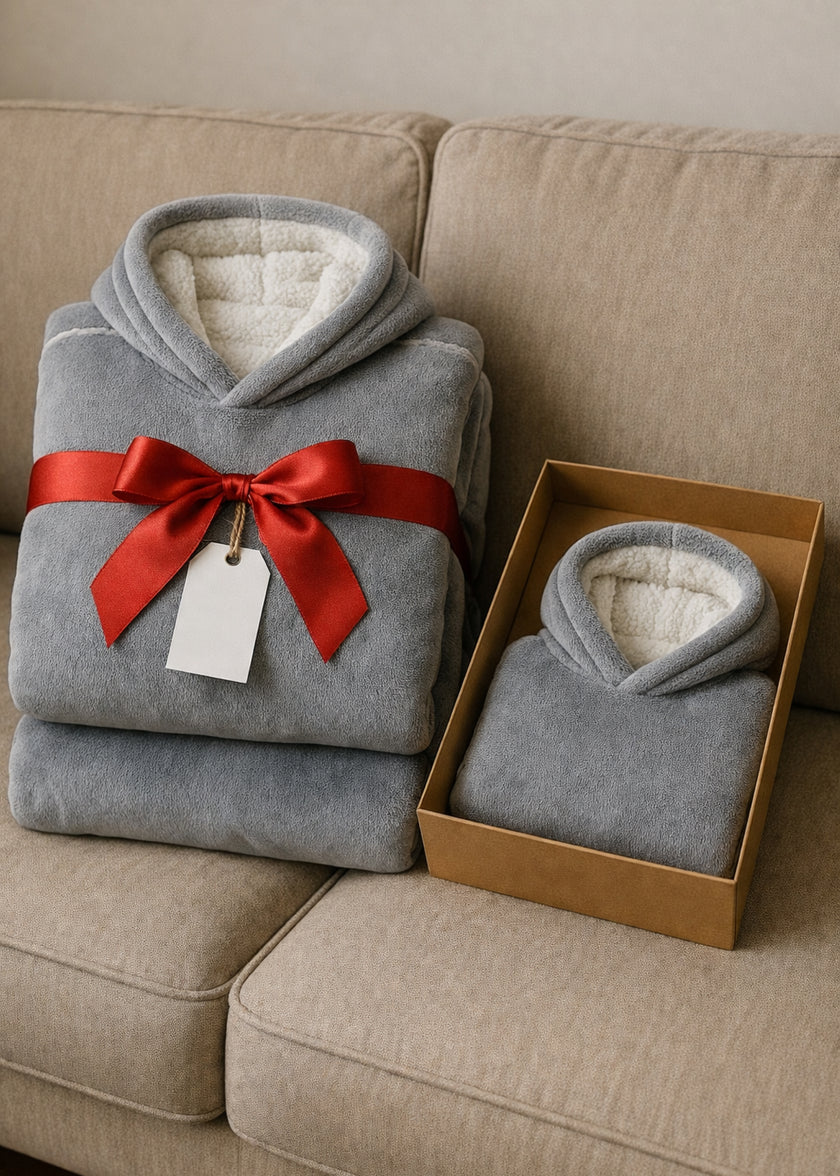 Grey Solid Wearable Sherpa Unisex Blanket Hoodie – Family Pack (2 Adults + 1 Kid)