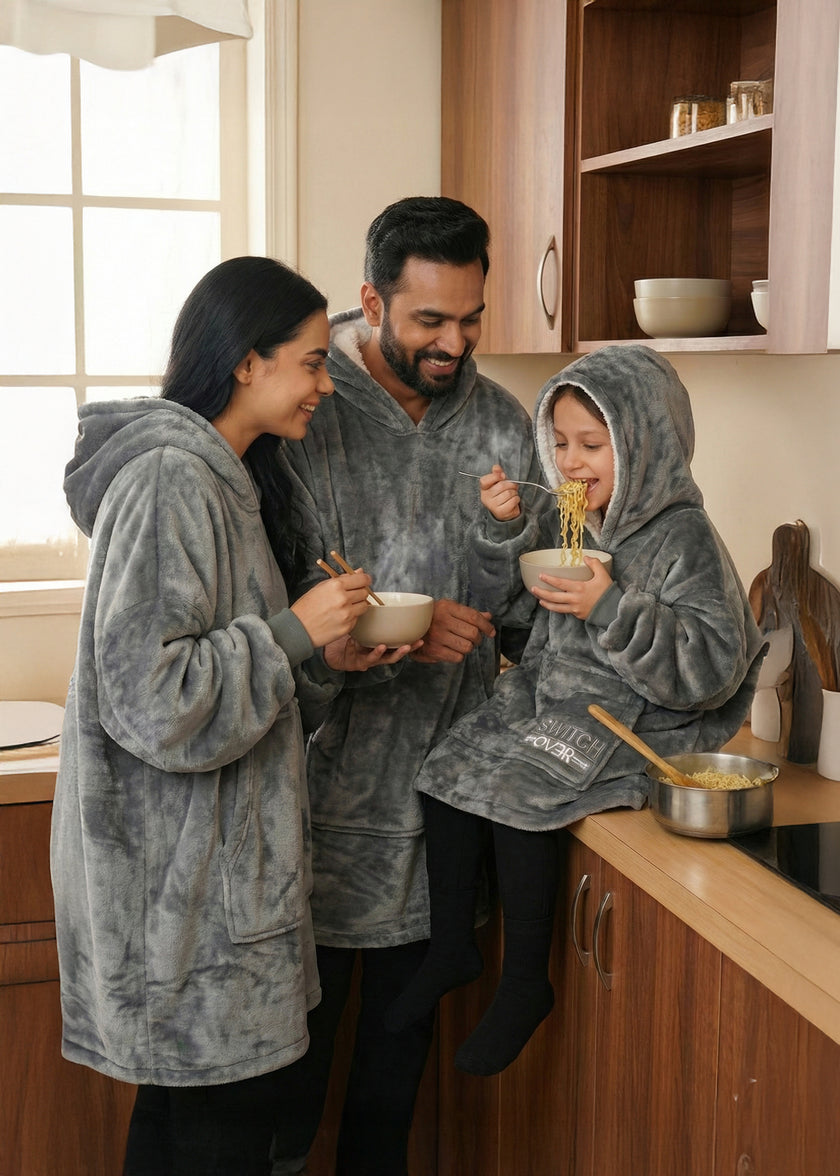Grey Solid Wearable Sherpa Unisex Blanket Hoodie – Family Pack (2 Adults + 1 Kid)