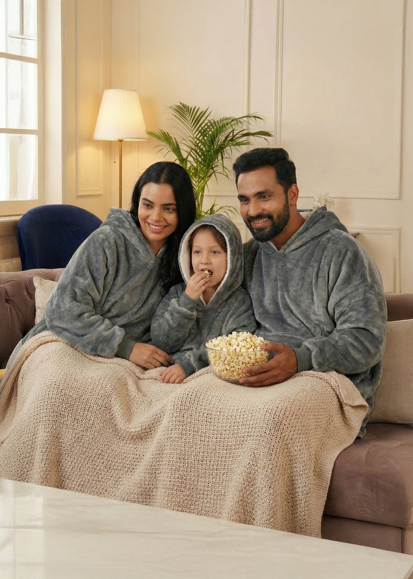 Grey Solid Wearable Sherpa Unisex Blanket Hoodie – Family Pack (2 Adults + 1 Kid)