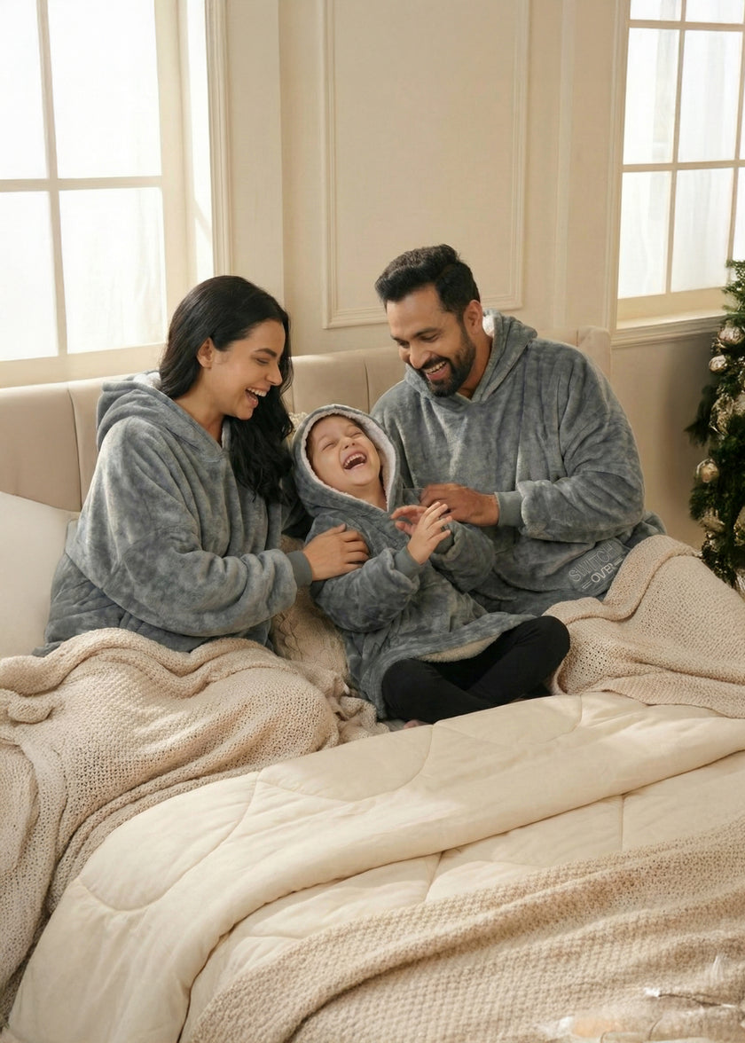 Grey Solid Wearable Sherpa Unisex Blanket Hoodie – Family Pack (2 Adults + 1 Kid)