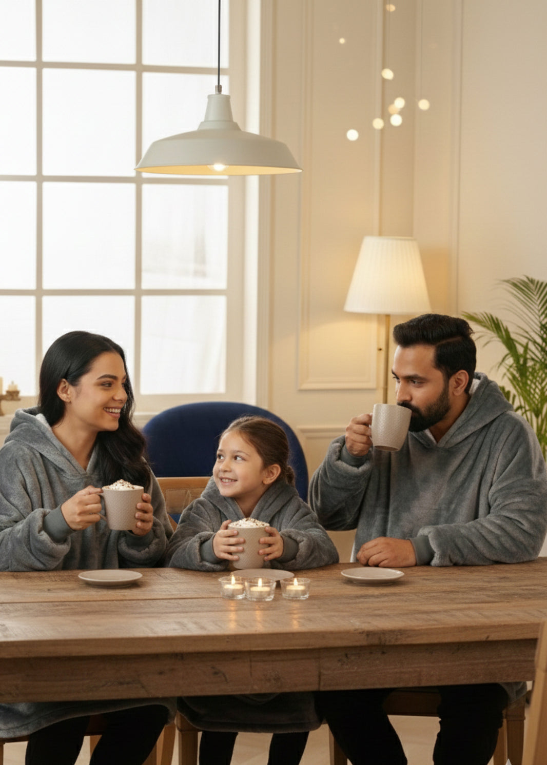 Grey Solid Wearable Sherpa Unisex Blanket Hoodie – Family Pack (2 Adults + 1 Kid)