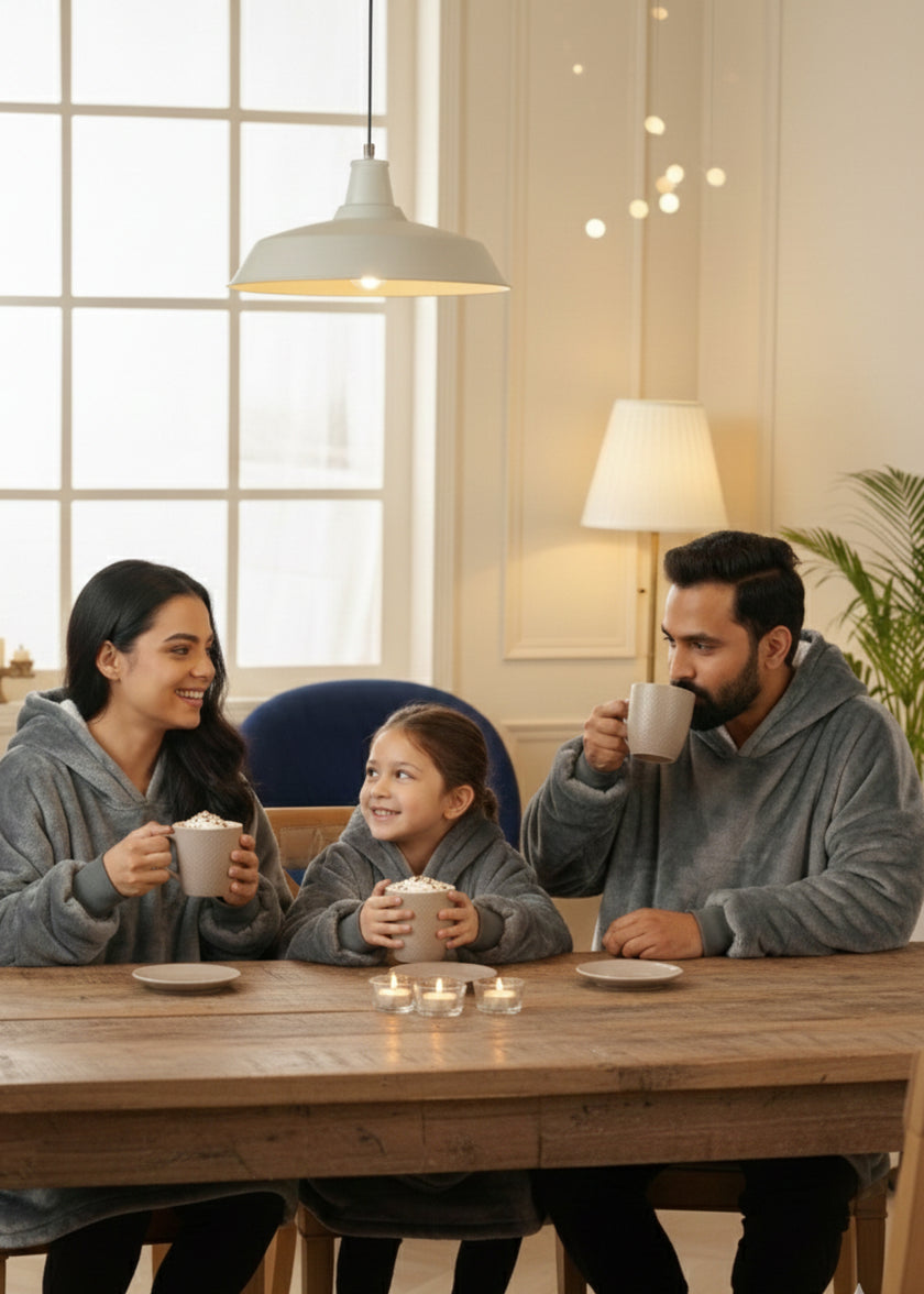 Grey Solid Wearable Sherpa Unisex Blanket Hoodie – Family Pack (2 Adults + 1 Kid)
